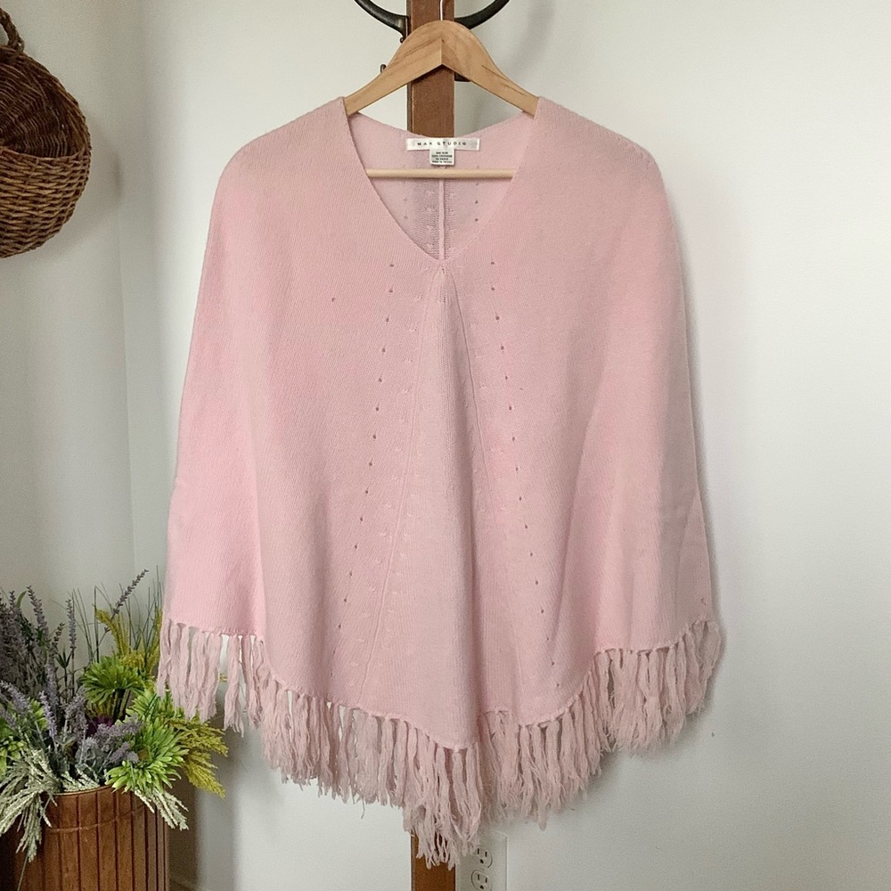 Luxe 100% Cashmere Fringed Poncho in Romantic Blush Pink / O/S SM MED LG